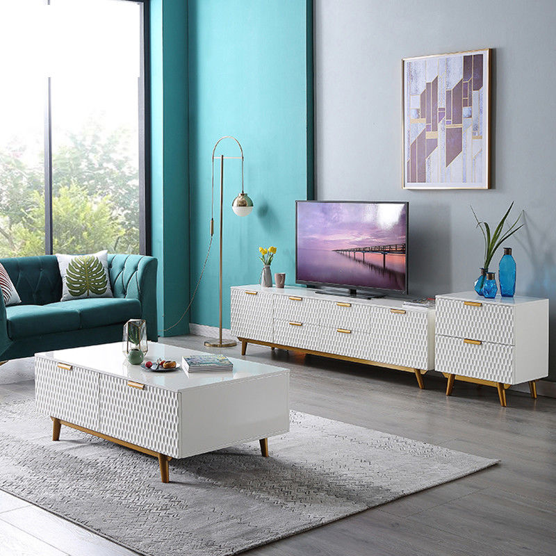 میز و کابینت تلویزیون وسط اتاق نشیمن سنگ مرمر آهنی لوکس شکل بلند